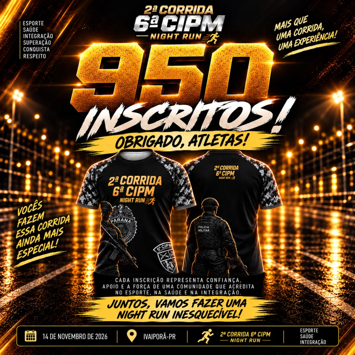 IVAIPORÃ – Corrida Noturna da Polícia Militar ultrapassa 950 inscritos e se aproxima de mil participantes
