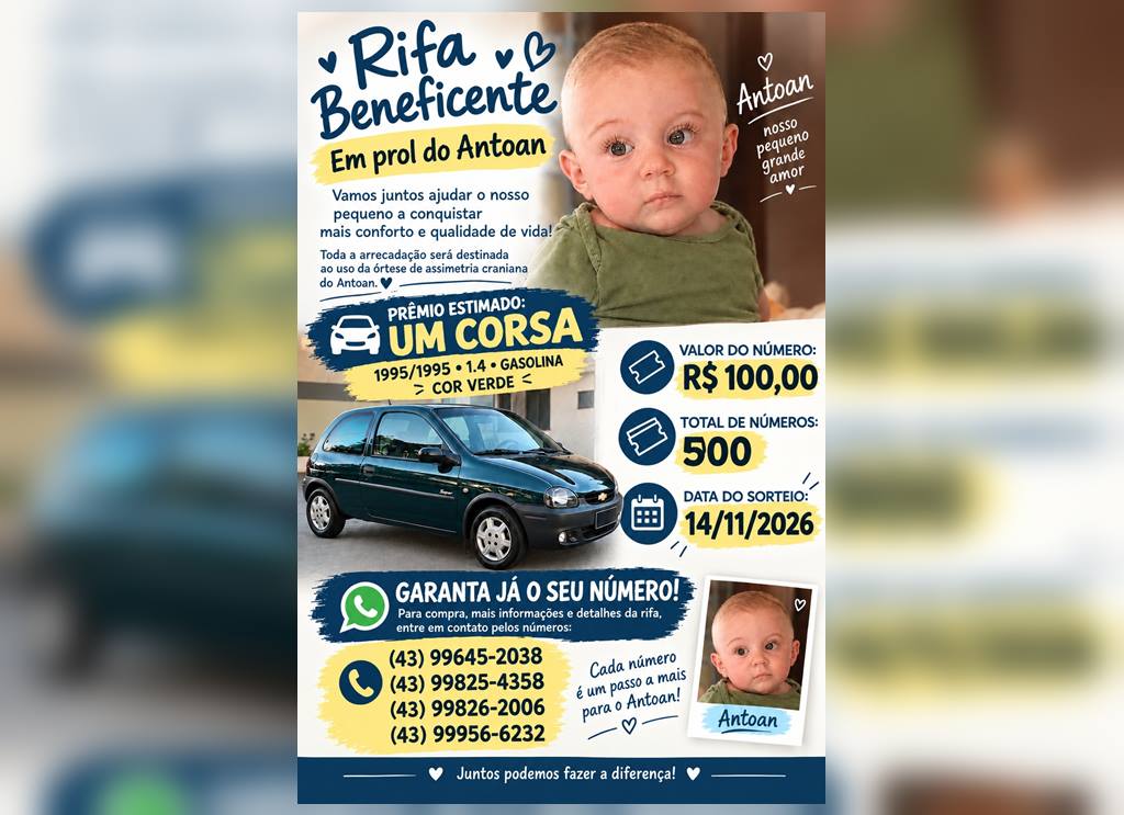 BORRAZÓPOLIS – Rifa solidária de um carro busca ajudar bebê de oito meses em tratamento