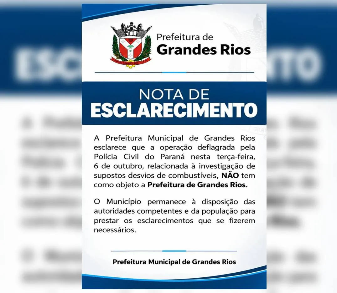 GRANDES RIOS – Prefeitura esclarece que não é alvo de operação que investiga supostos desvios de combustíveis