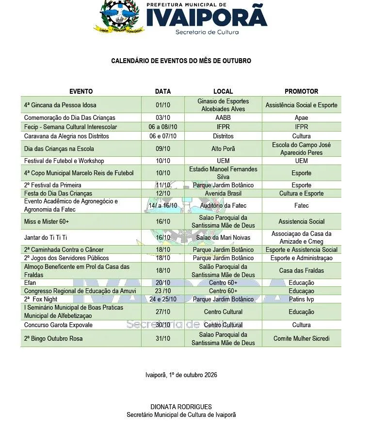 IVAIPORÃ – Prefeitura anuncia calendário intenso de eventos para outubro com atividades culturais, esportivas e sociais